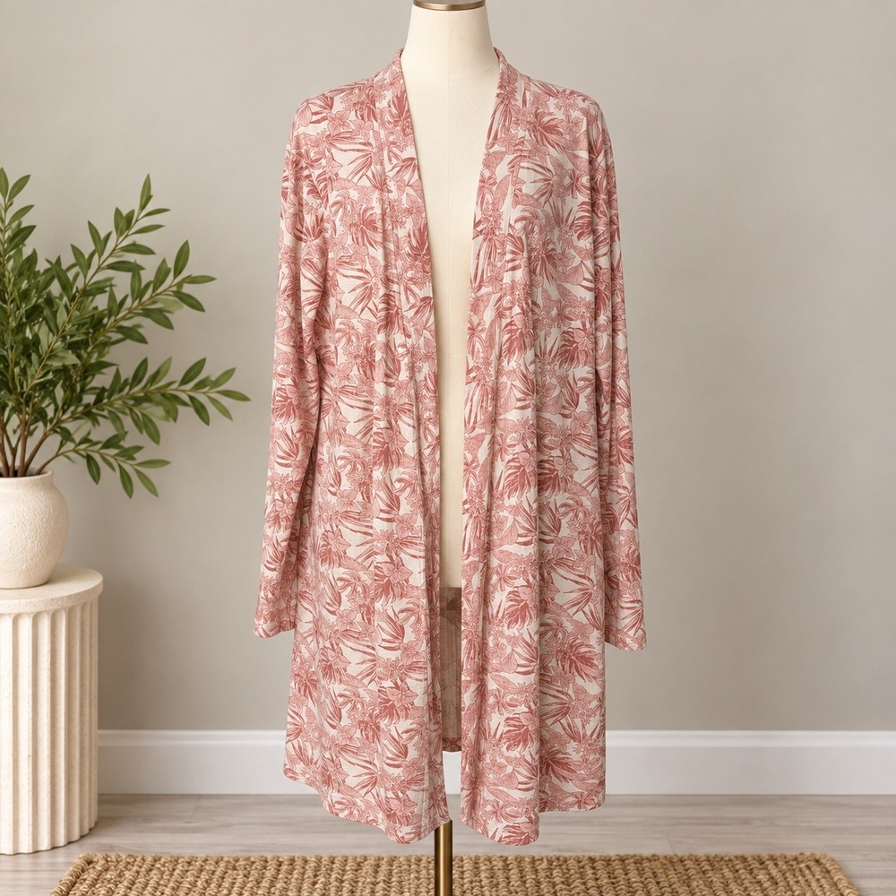 UGG Cardigan Pink Floral Tropical Waffle Knit Longline Open Front XL Loungewear
